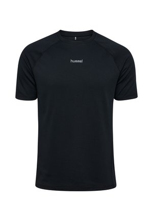 Zwart atletisch T-shirt met korte mouwen, ronde hals en klein "hummel" logo in het midden van de borst.