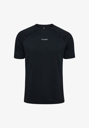 Zwart atletisch T-shirt met korte mouwen, ronde hals en klein "hummel" logo in het midden van de borst.