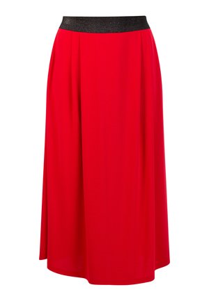 Sarkans plūstošs svārks, izgatavots no viegla auduma, ar melnu mirdzošu jostu. Dizains ir līdz potītēm ar mīkstām krokām.