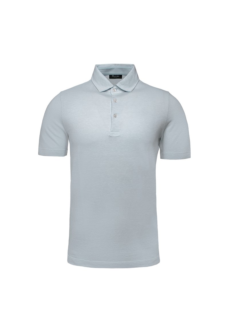 Ljusblå polo-shirt i bomull med krage, tre knappar och korta ärmar. Slät yta med regular fit och inga mönster.