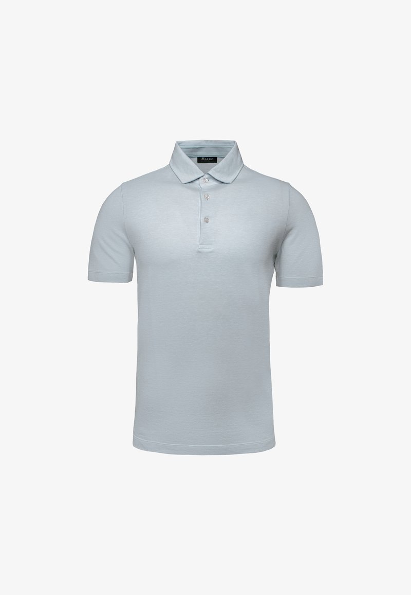 Světle modré polo tričko vyrobené z bavlny s límečkem, třemi knoflíky a krátkými rukávy. Hladká textura s běžným střihem a bez vzorů.