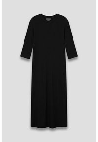 Schwarzes, geripptes Kleid mit Dreiviertelärmeln, rundem Ausschnitt und lockerer Passform, das bis zur Mitte der Waden fällt. Glattes, strukturiertes Gewebe.
