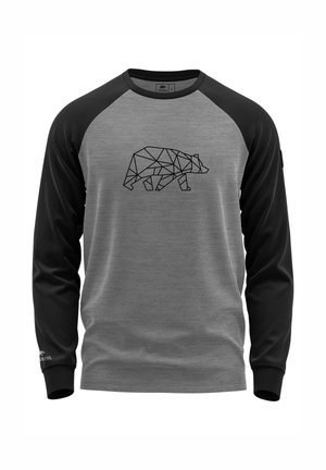 Camisa de manga larga con cuerpo gris y mangas negras. Presenta un gráfico geométrico de un oso en negro en la parte delantera. Textura de tela suave.