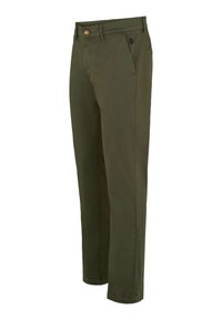 Spodnie z bawełny w oliwkowej zieleni o prostym kroju nogawki, wyposażone w zapięcie na guziki oraz subtelne logo na bocznej kieszeni.