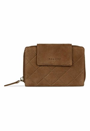 Brown suede quilted wallet with zip-around closure and front flap labeled "bugatti" on a white background.