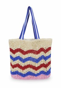 Geweven boodschappentas met een zigzagpatroon in rood, blauw en crème, met roze accenten en dubbele blauwgestreepte stoffen handvatten.