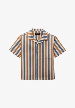 Chemise à manches courtes boutonnée avec des rayures verticales bleues, beige et blanches, une poche avant et un col camp.