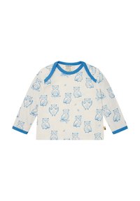 Camicia a maniche lunghe color crema con stampa di gufo blu. Presenta un colletto e polsini a contrasto blu. Tessuto in cotone morbido con texture liscia.