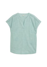 Light green short-sleeve blouse with a V-neck, made of textured fabric, featuring a pattern of small, subtle checks. Curved hemline.
