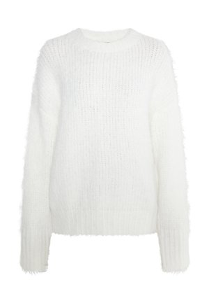 White, fluffy sweater with a round neckline, ribbed hem and cuffs, featuring a textured knit pattern. Soft, lightweight material.