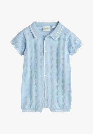 Világoskék rövid ujjú galléros póló, texturált kötött anyagból készült, klasszikus gallérral, gombos záródással és márkajelzéssel az ujjon.