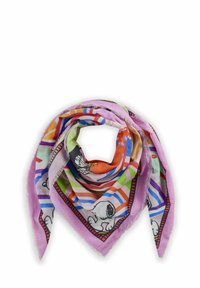 Écharpe carrée colorée présentant un mélange de motifs, y compris des rayures et des animaux de style cartoon. Fabriquée en tissu léger et texturé avec des bords effilochés.