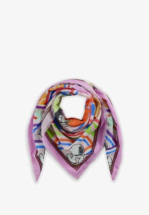 Écharpe carrée colorée présentant un mélange de motifs, y compris des rayures et des animaux de style cartoon. Fabriquée en tissu léger et texturé avec des bords effilochés.