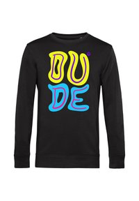 Felpa nera con testo audace e colorato che scrive "DUDE". I colori del testo includono giallo, blu e rosa con un design ondulato.