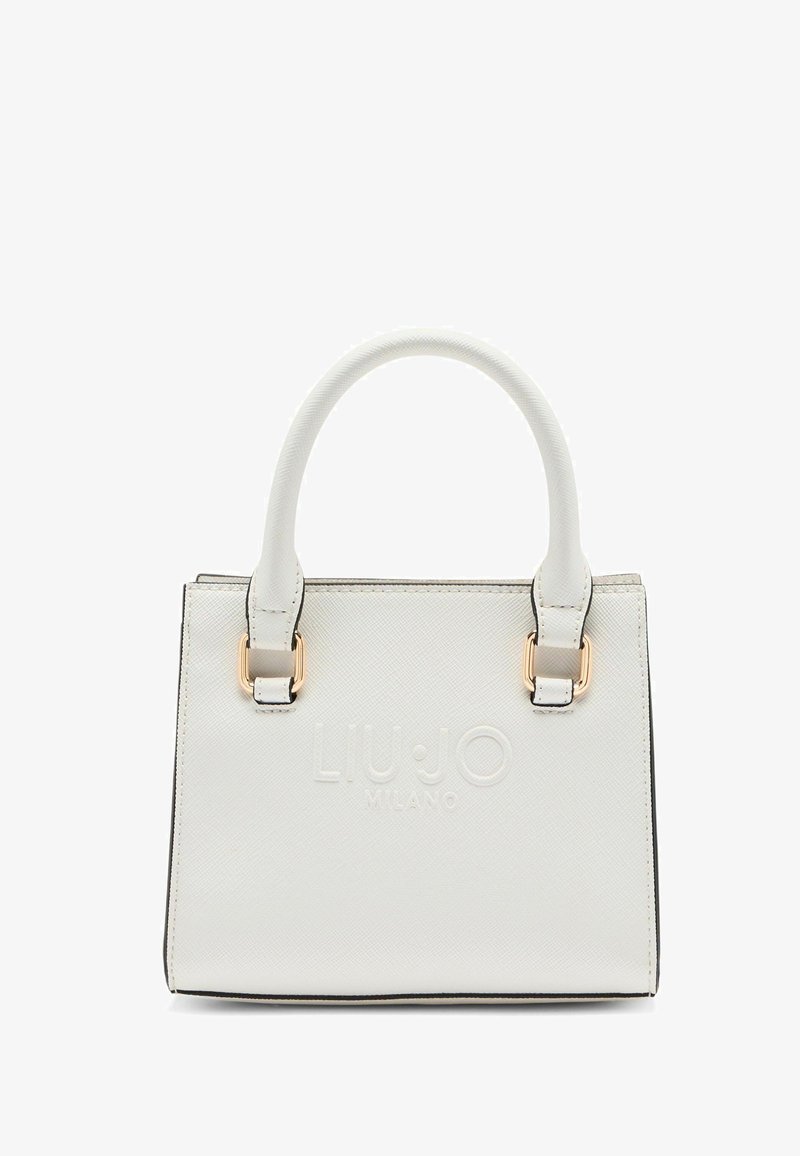 Borsa a mano compatta bianca realizzata in materiale sintetico testurizzato, dotata di manici superiori, dettagli in metallo dorato e logo impresso.