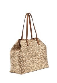 Borsa a tracolla beige con motivo a diamante, esterno intrecciato e manici in pelle marrone. Spaziosa, morbida al tatto e di forma rettangolare.