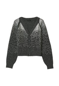 Cardigan grigio lavorato a maglia con scollatura a V, cinque bottoni neri e un motivo a gradiente di paillettes argentate sulle maniche e nella parte superiore.