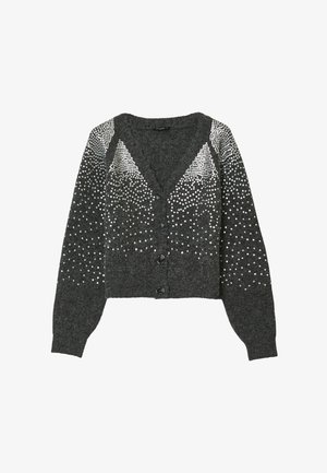 Cardigan grigio lavorato a maglia con scollatura a V, cinque bottoni neri e un motivo a gradiente di paillettes argentate sulle maniche e nella parte superiore.