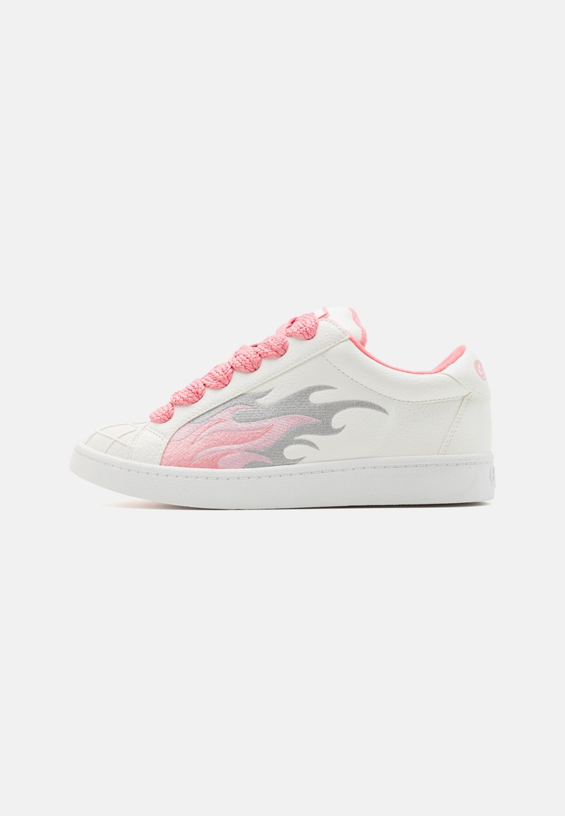 White sneaker with woven pink laces, silver flame design on side, textured toe cap, and pink accents around the collar and heel.
