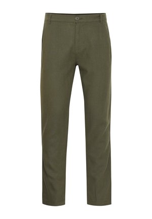 Olivengroene broek gemaakt van een gladde stof, met een knoopsluiting, riemlussen en rechte pijpen met een getailleerde pasvorm.