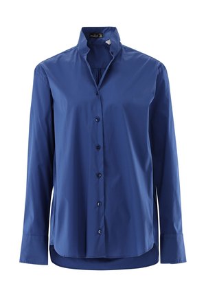 Blue button-up shirt with a high collar, long sleeves, and a smooth texture. Features matching buttons along the front and a curved hem.
