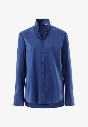Blue button-up shirt with a high collar, long sleeves, and a smooth texture. Features matching buttons along the front and a curved hem.