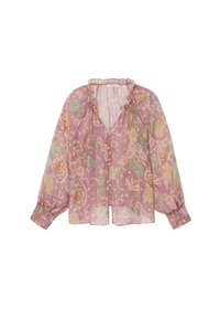 Blouse florale en tissu transparent rose avec un col à volants, de longues manches amples et un fermoir à boutons. Présente de grands motifs de fleurs et de feuilles.