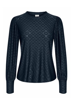 Marineblauwe blouse met lange mouwen met een textuurpatroon, een ronde halslijn en geplooide manchetten, gemaakt van een lichtgewicht stof.
