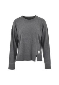 Maglione grigio con scollo e polsini a coste, caratterizzato da uno spacco laterale e un piccolo logo dettagliato all'orlo. Tessuto morbido e strutturato.