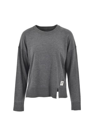 Maglione grigio con scollo e polsini a coste, caratterizzato da uno spacco laterale e un piccolo logo dettagliato all'orlo. Tessuto morbido e strutturato.