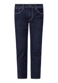 Jeans de mezclilla azul oscuro con un diseño clásico de cinco bolsillos, corte recto y costuras en contraste. Presenta un cierre frontal con botón y cremallera.