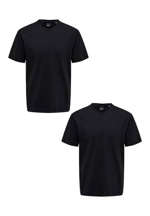 Schwarze Baumwoll-T-Shirts, kurze Ärmel, Rundhalsausschnitt. Zwei Artikel präsentiert, einfarbig, unstrukturierter Stoff, normale Passform.