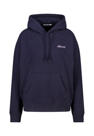 Sudadera azul marino hecha de mezcla de algodón, con bolsillo frontal, capucha ajustable con cordón y pequeño logo blanco en el pecho. Corte casual.