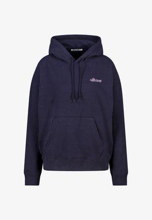 Sudadera azul marino hecha de mezcla de algodón, con bolsillo frontal, capucha ajustable con cordón y pequeño logo blanco en el pecho. Corte casual.