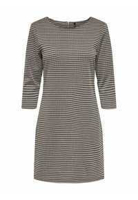 Svart och vit mönstrad klänning med trekvartslånga ärmar, båtformad halsringning och textil med en houndstooth-design.