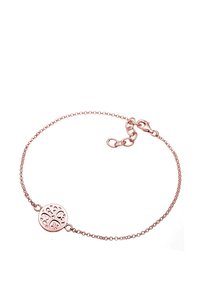 Roséguldring med ett delikat kedja och en cirkulär pendel med en intrikat utskärning. Säkert låsdetalj ingår.