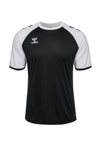 Zwart-wit sportshirt met korte mouwen en een ronde hals, met een zwarte body en witte raglanmouwen, gemaakt van ademend materiaal.