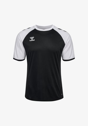 Schwarzes und weißes Sporttrikot mit kurzen Ärmeln und Rundhalsausschnitt, bestehend aus einem schwarzen Körper und weißen Raglanärmeln, aus atmungsaktivem Material gefertigt.