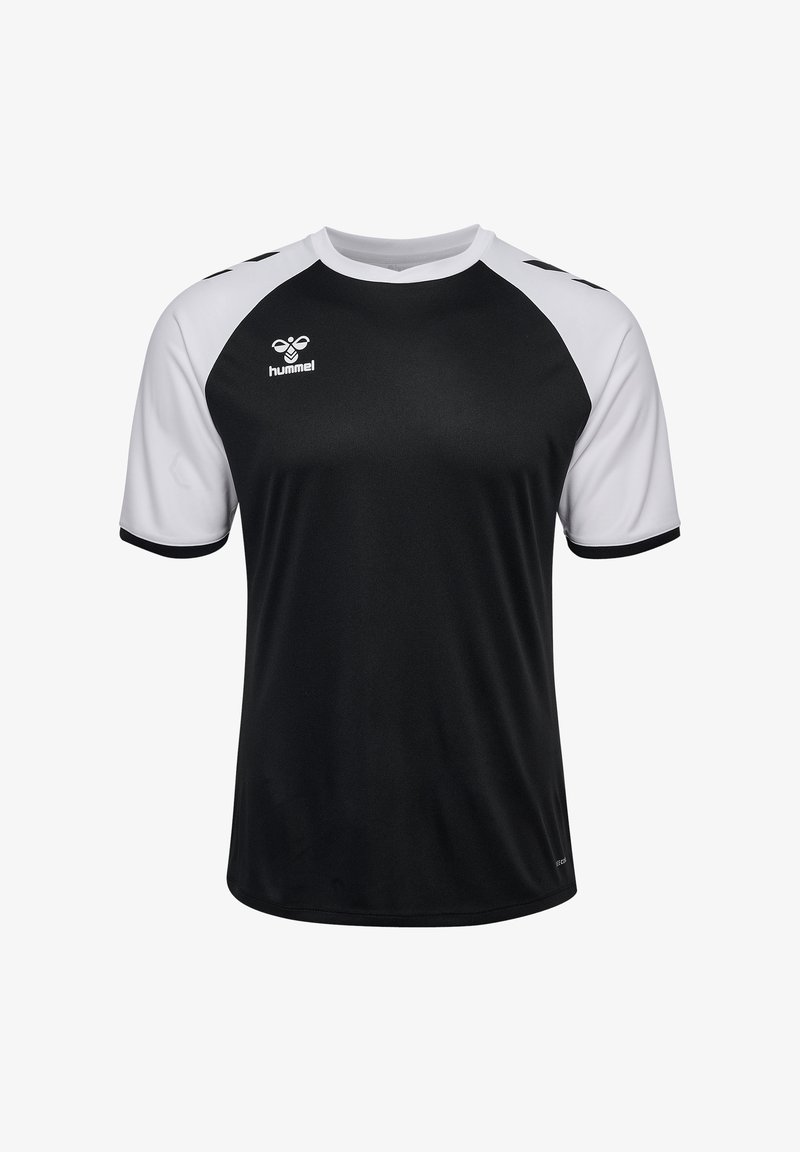 Czarny i biały sportowy T-shirt z krótkim rękawem i okrągłym dekoltem, z czarnym korpusem i białymi rękawami raglanowymi, wykonany z oddychającego materiału.