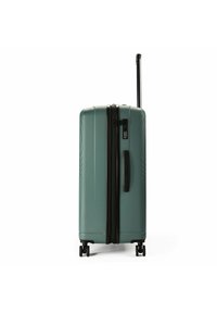 Hartschalenkoffer in Teal mit glatter Oberfläche, schwarzem Reißverschluss und ausziehbarem Griff. Vier Rollen für Mobilität.