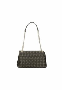 Borsa a tracolla nera decorata con un motivo, caratterizzata da un materiale texturizzato e una forma strutturata. Sono visibili accenti del logo in tutta la borsa.