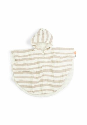 Children's hooded poncho with beige and white horizontal stripes, made of soft, lightweight fabric, displayed flat on a white background.