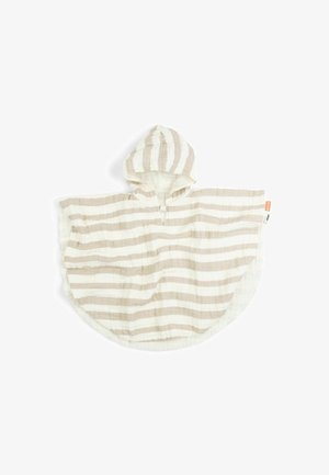 Børnehooded poncho med beige og hvide horisontale striber, lavet af blødt, let stof, vist fladt på en hvid baggrund.