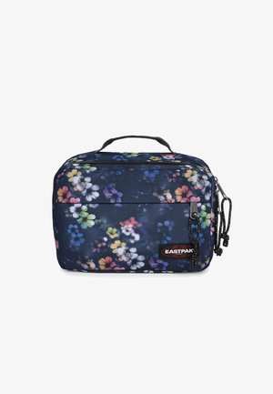 Borsa Eastpak con motivo floreale blu scuro, dotata di manico superiore, chiusura a zip e tessuto testurizzato con vivaci accenti floreali.