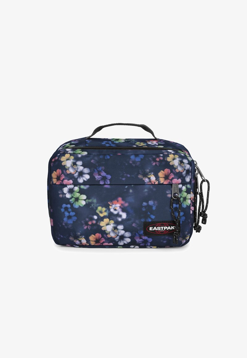 Borsa Eastpak con motivo floreale blu scuro, dotata di manico superiore, chiusura a zip e tessuto testurizzato con vivaci accenti floreali.