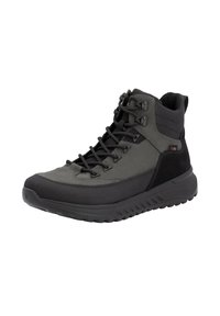 Schwarze und graue Wanderschuhe mit strukturiertem Finish, hohem Design, Schnürverschluss, Gummisohle und verstärkten Ösen für Langlebigkeit.