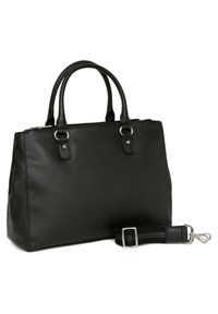 Borsa a mano in pelle nera con doppi manici, una tracolla staccabile e accessori in argento. Presenta una forma strutturata e una superficie testurizzata.