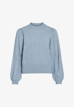 Šviesiai mėlynas megztinis su apykakle, pūstomis ilgomis rankovėmis ir banguotais rankogaliais bei apvadu. Minkšta tekstūra ir paprastas dizainas.