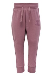 Lyslilla sweatpants lavet af blødt stof, med en drawstring talje og ribbede manchetter, med et logo på venstre ben.
