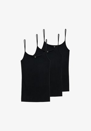 Débardeurs en coton noir avec des bretelles fines, présentant un design ajusté et des bords sans coutures. Pack de trois articles identiques.